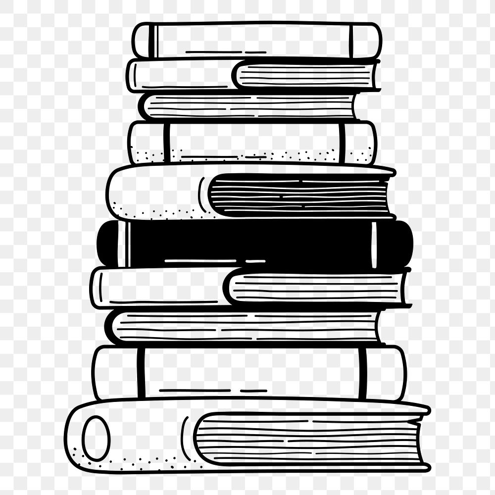 Book stack png doodle sticker, black & white illustration, transparent background