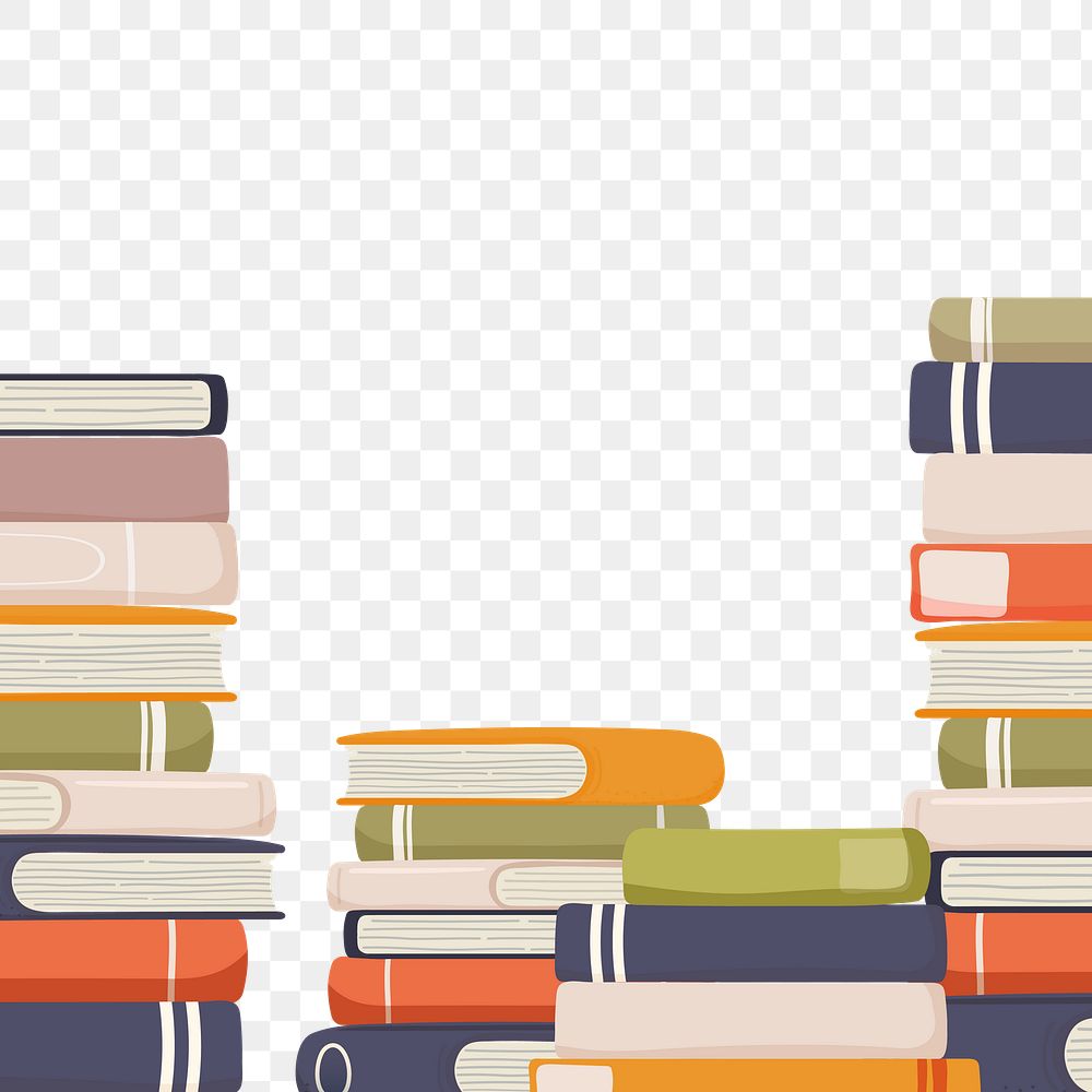 Book stack png border, cute colorful illustration, transparent background