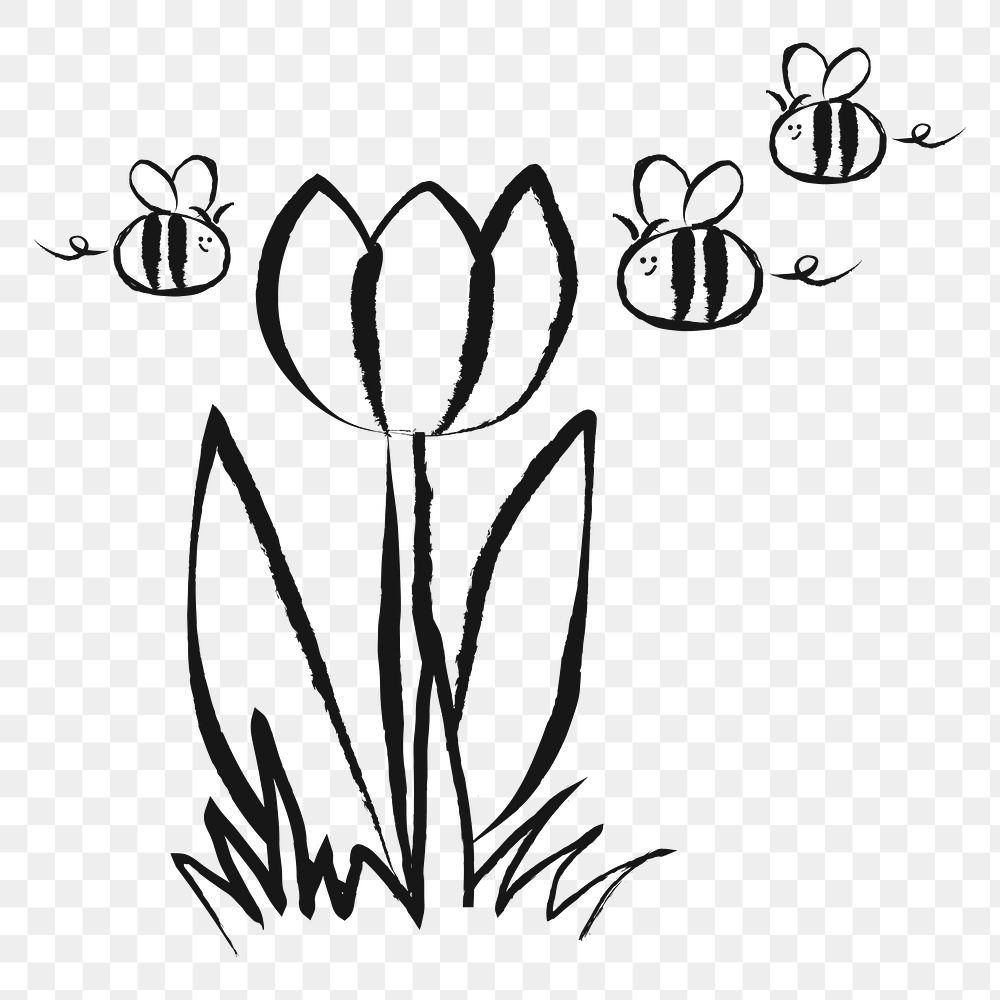 Tulip flower png sticker, bee doodle, transparent background