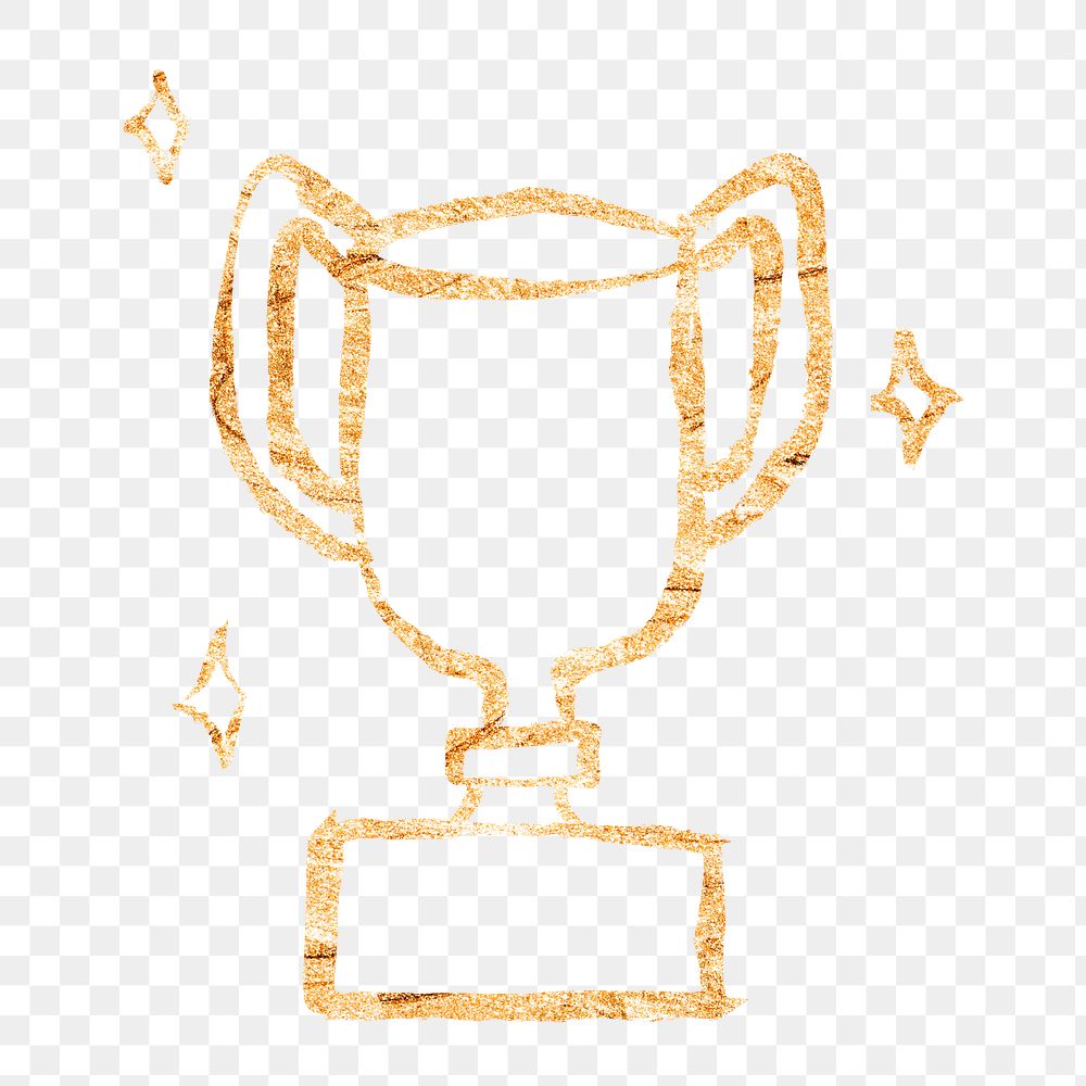 Winner trophy png sticker, gold glittery doodle, transparent background