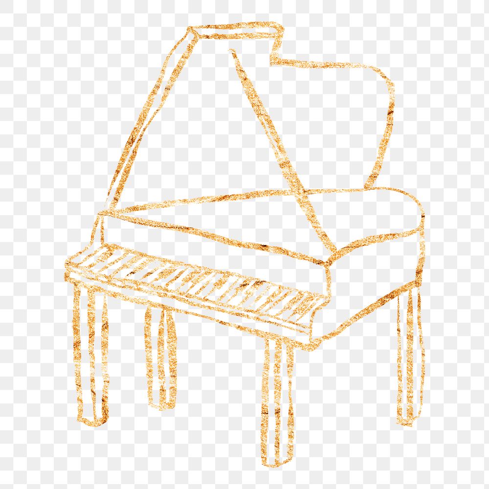 Grand piano png sticker, gold glittery doodle, transparent background