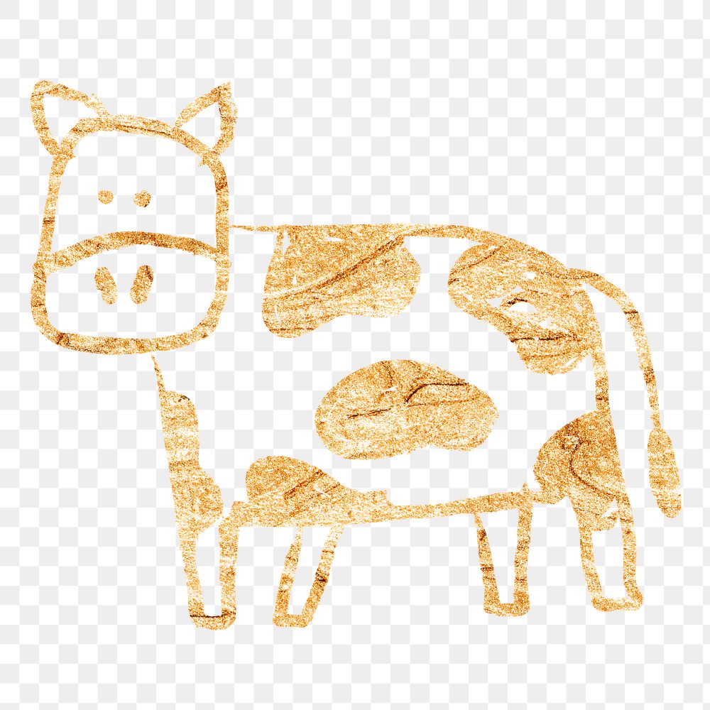 Dairy cattle png cow sticker, gold glittery doodle, transparent background