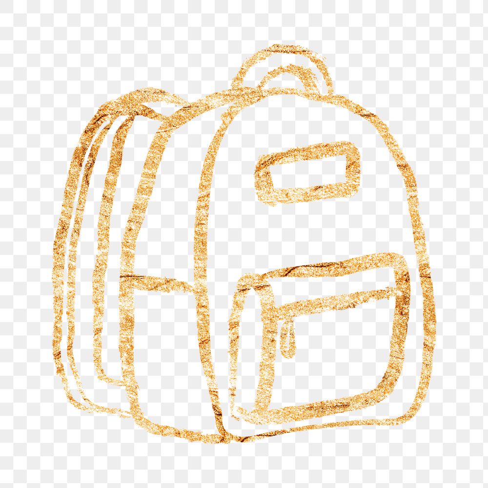 Backpack png sticker, gold glittery doodle, transparent background