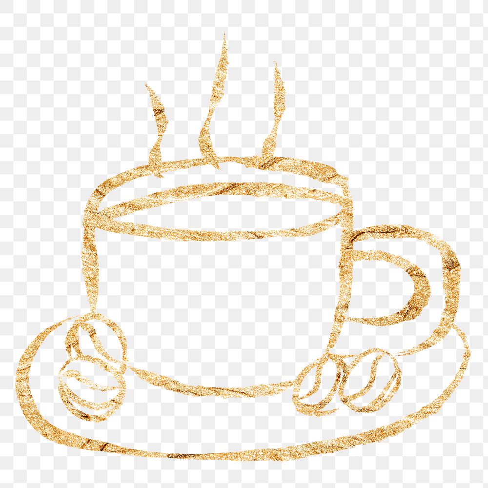 Coffee cup png sticker, gold glittery doodle, transparent background