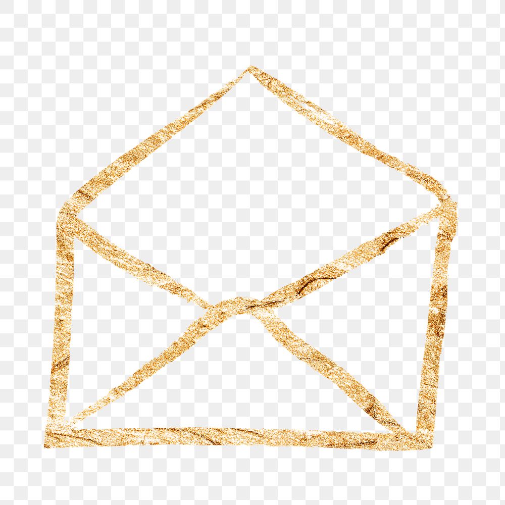 Envelope png sticker, gold glittery doodle, transparent background