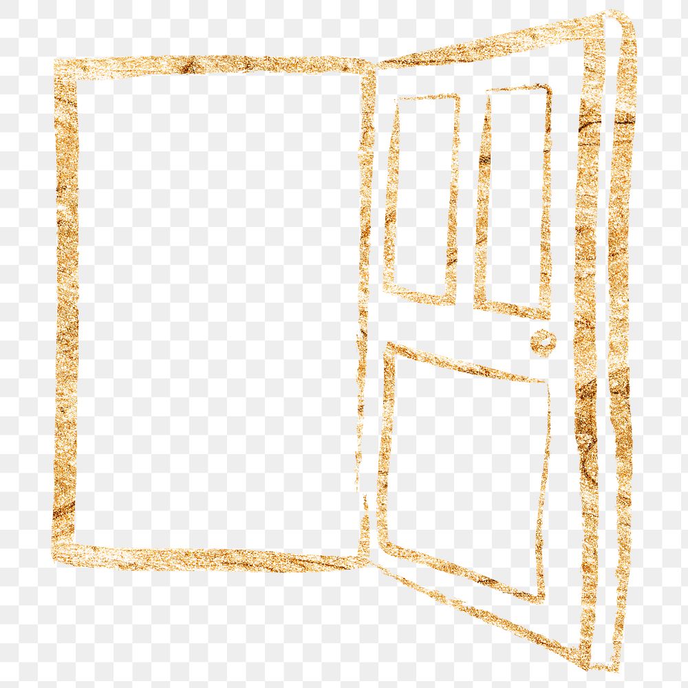 Open door png sticker, gold glittery doodle, transparent background