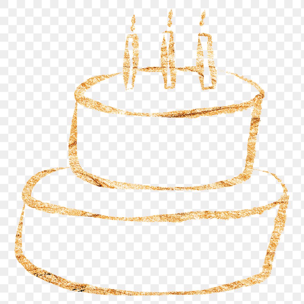 Birthday cake png sticker, gold glittery doodle, transparent background