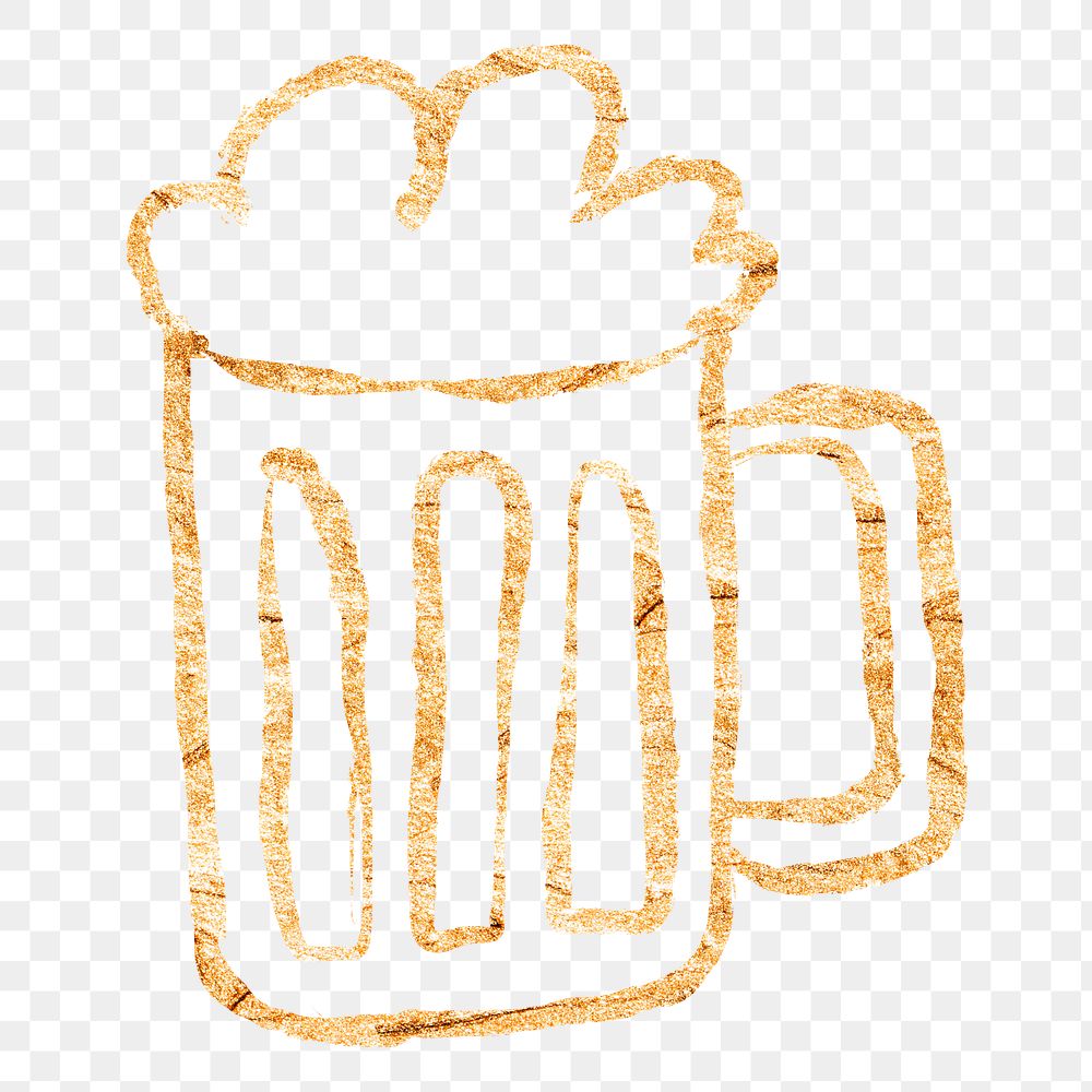 Beer glass png sticker, gold glittery doodle, transparent background