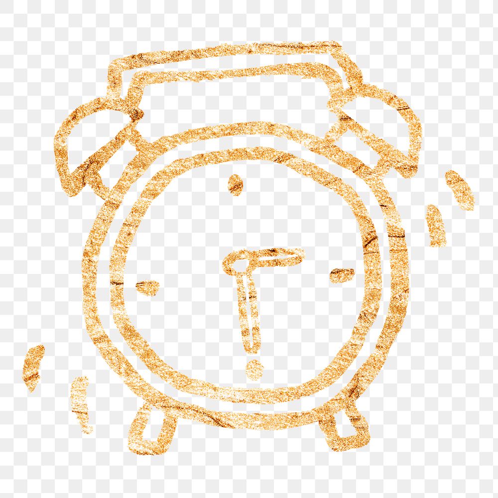 Alarm clock png sticker, gold glittery doodle, transparent background