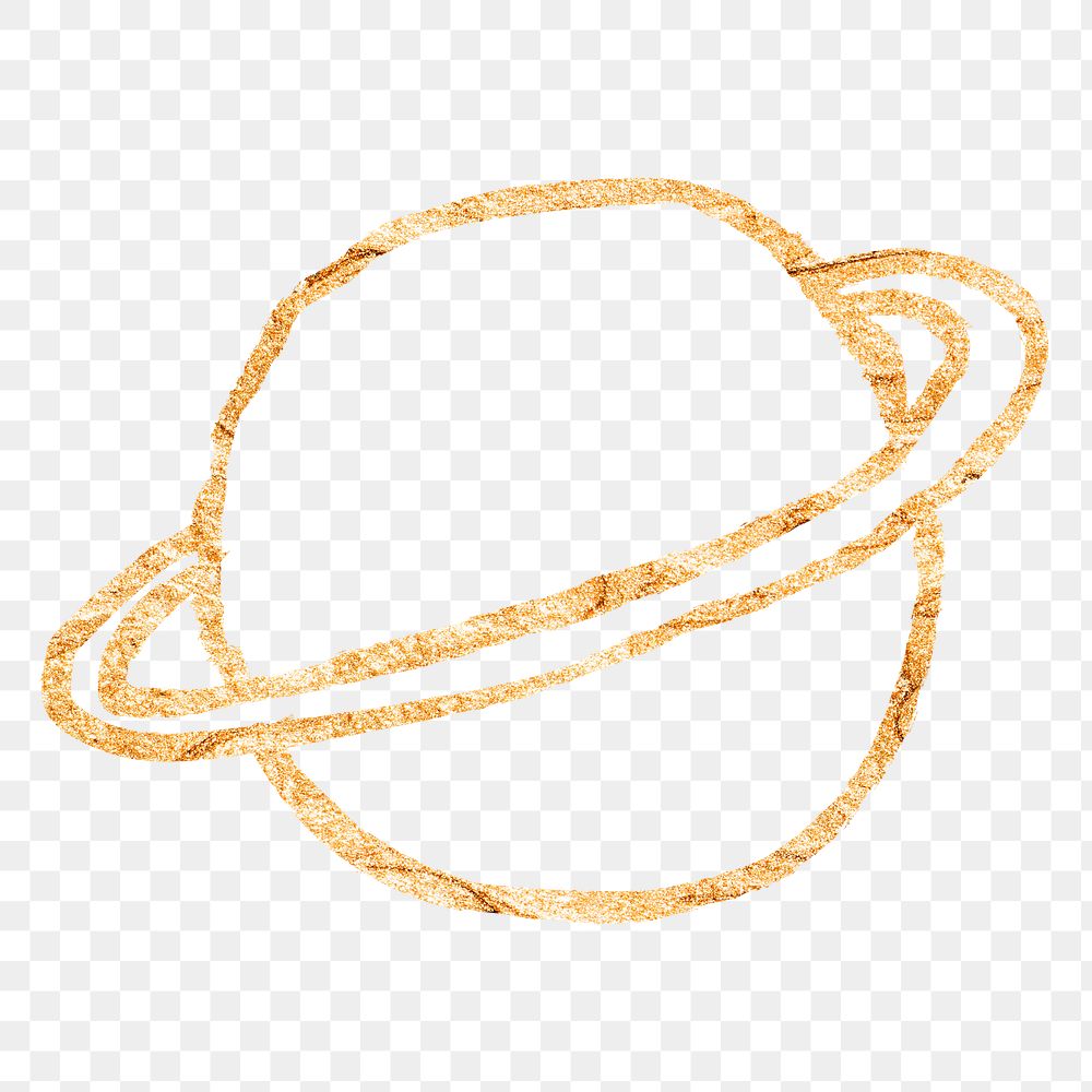 Planet Saturn png sticker, gold glittery doodle, transparent background