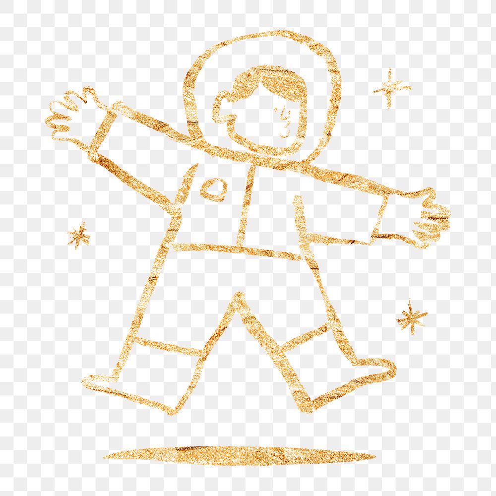 Cute astronaut png sticker, gold glittery doodle, transparent background