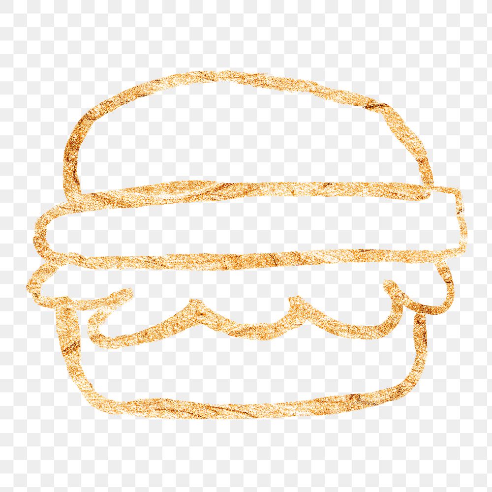 Hamburger png sticker, gold glittery doodle, transparent background