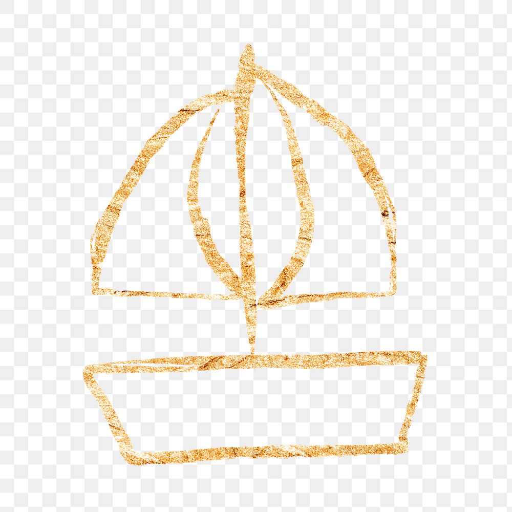 Cute sailboat png sticker, gold glittery doodle, transparent background