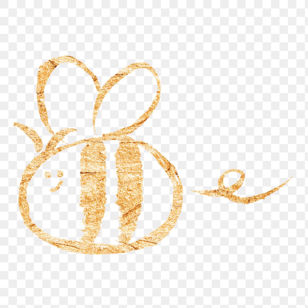 Flying bee png sticker, gold glittery doodle, transparent background