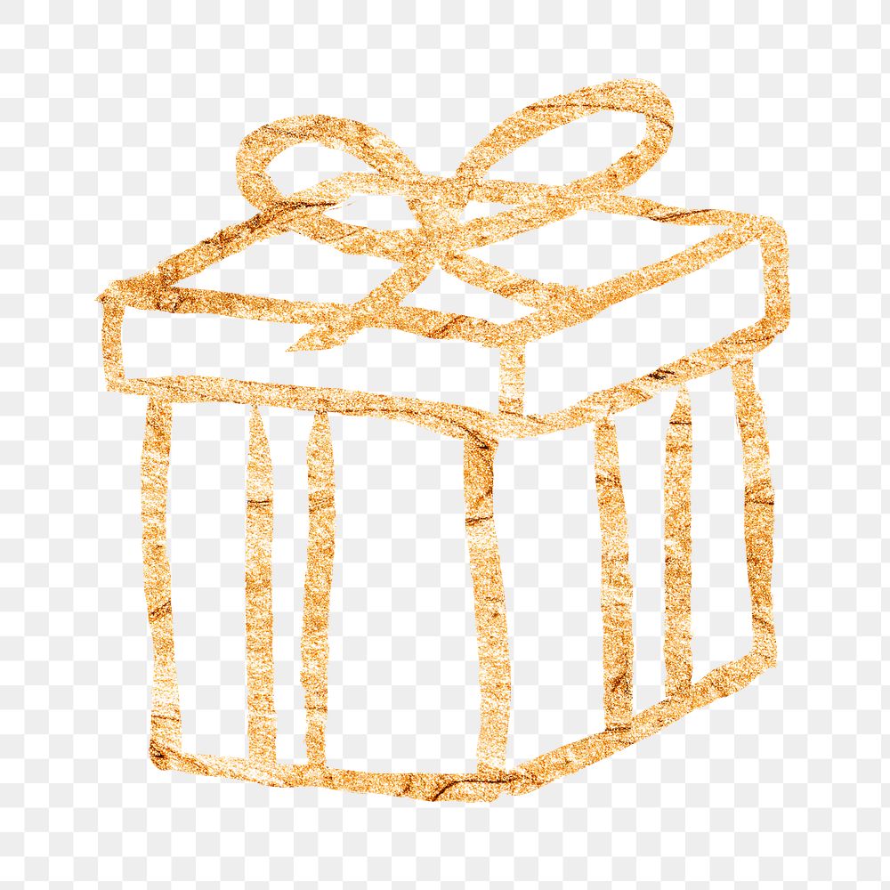 Gift box png sticker, gold glittery doodle, transparent background