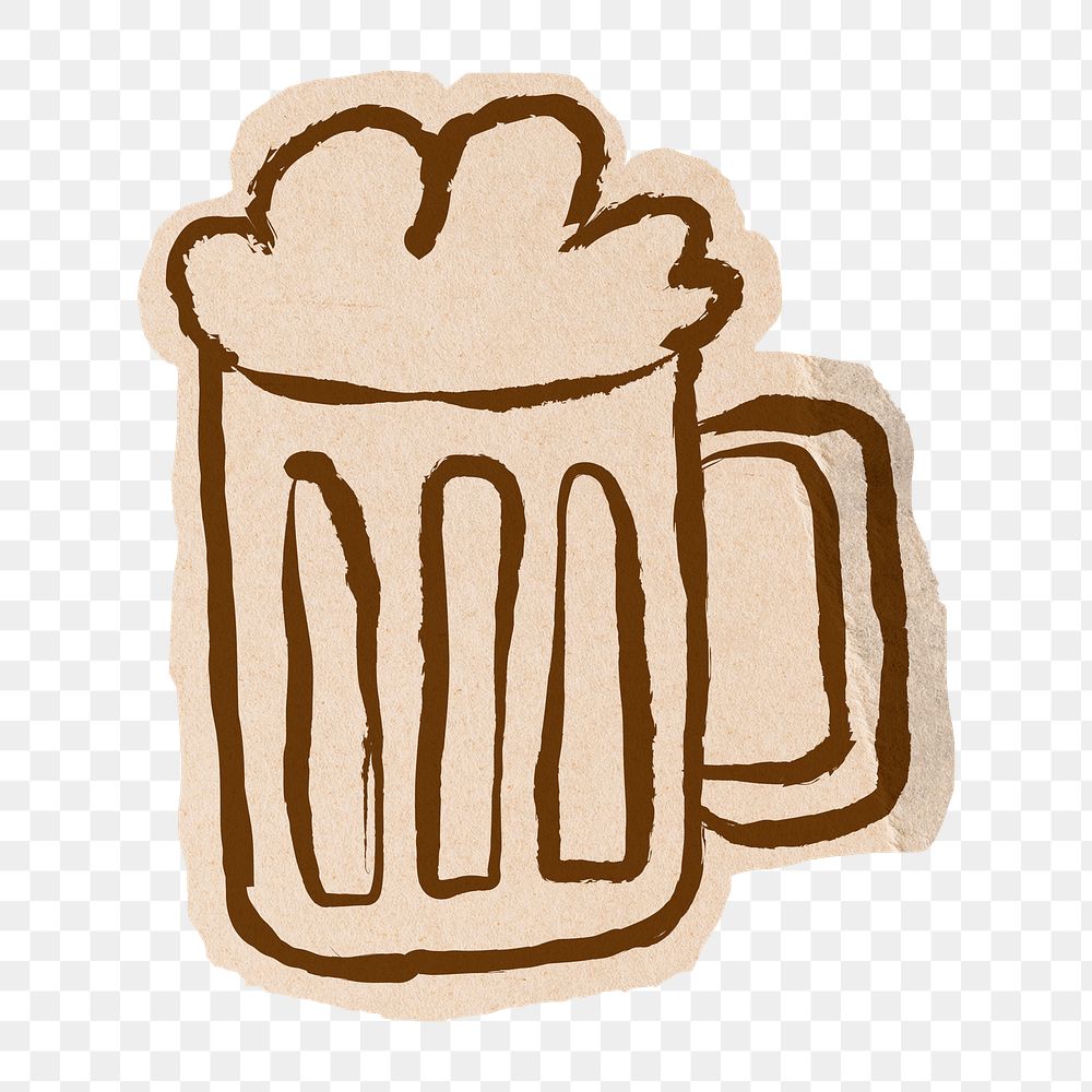 Beer glass png sticker, ripped paper doodle, transparent background