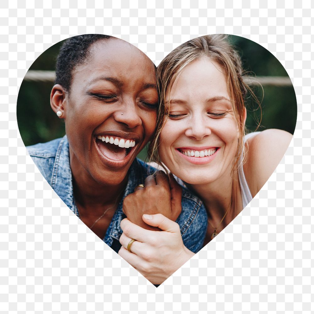 Png happy lesbian couple badge sticker, LGBTQ photo in heart shape, transparent background
