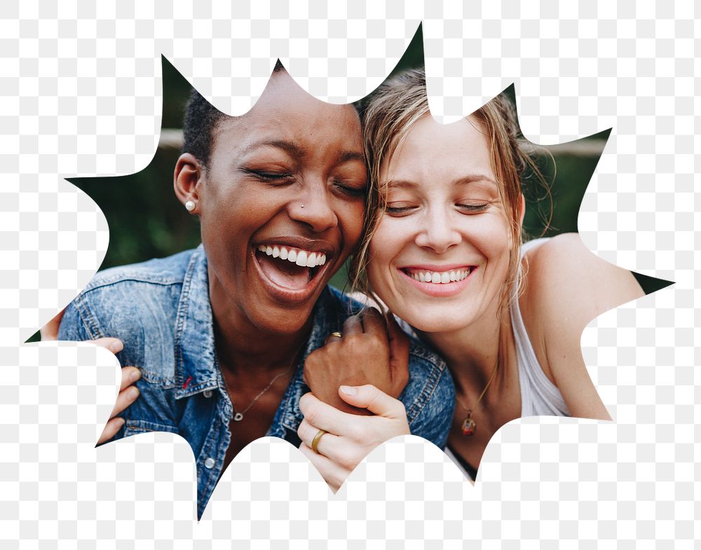 Png lesbian couple badge sticker, LGBTQ photo in bang  shape, transparent background