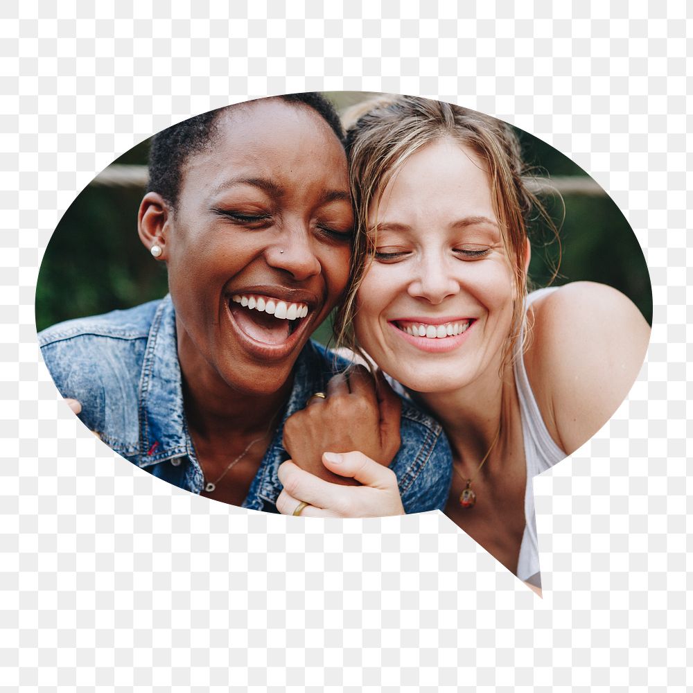 Png happy lesbian couple badge sticker, LGBTQ photo in speech bubble, transparent background