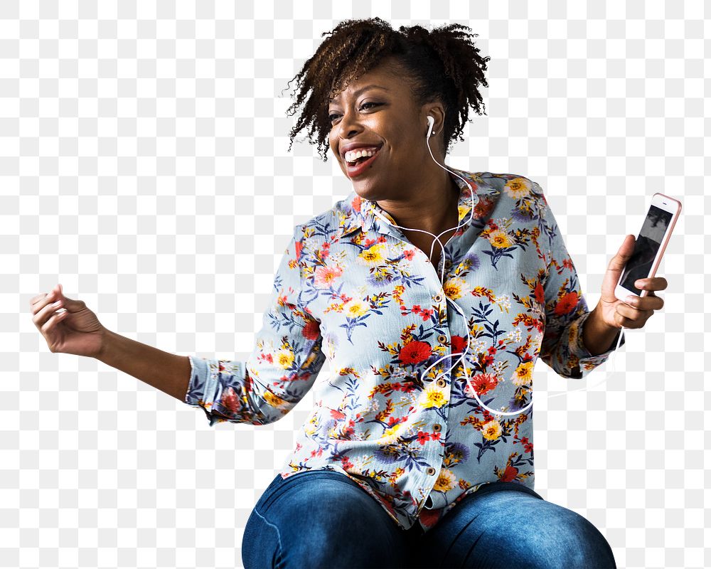 Png woman streaming music sticker, transparent background