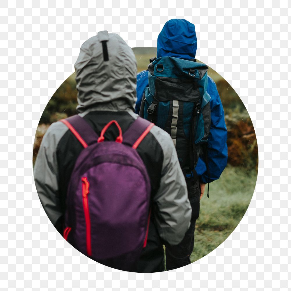 People trekking png badge sticker, travel circle shape photo, transparent background
