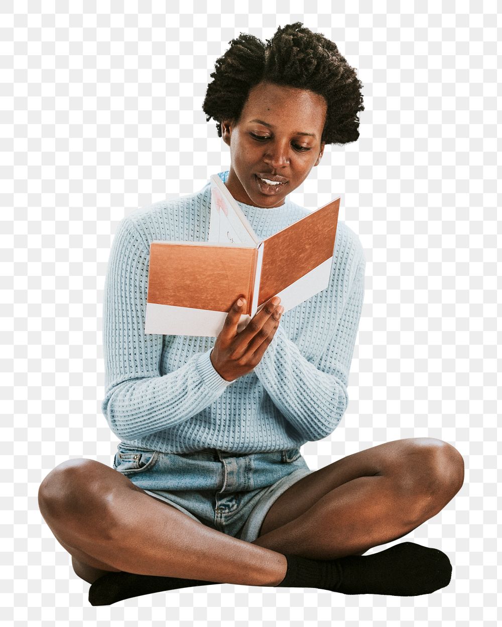 Png African woman reading sticker, education transparent background