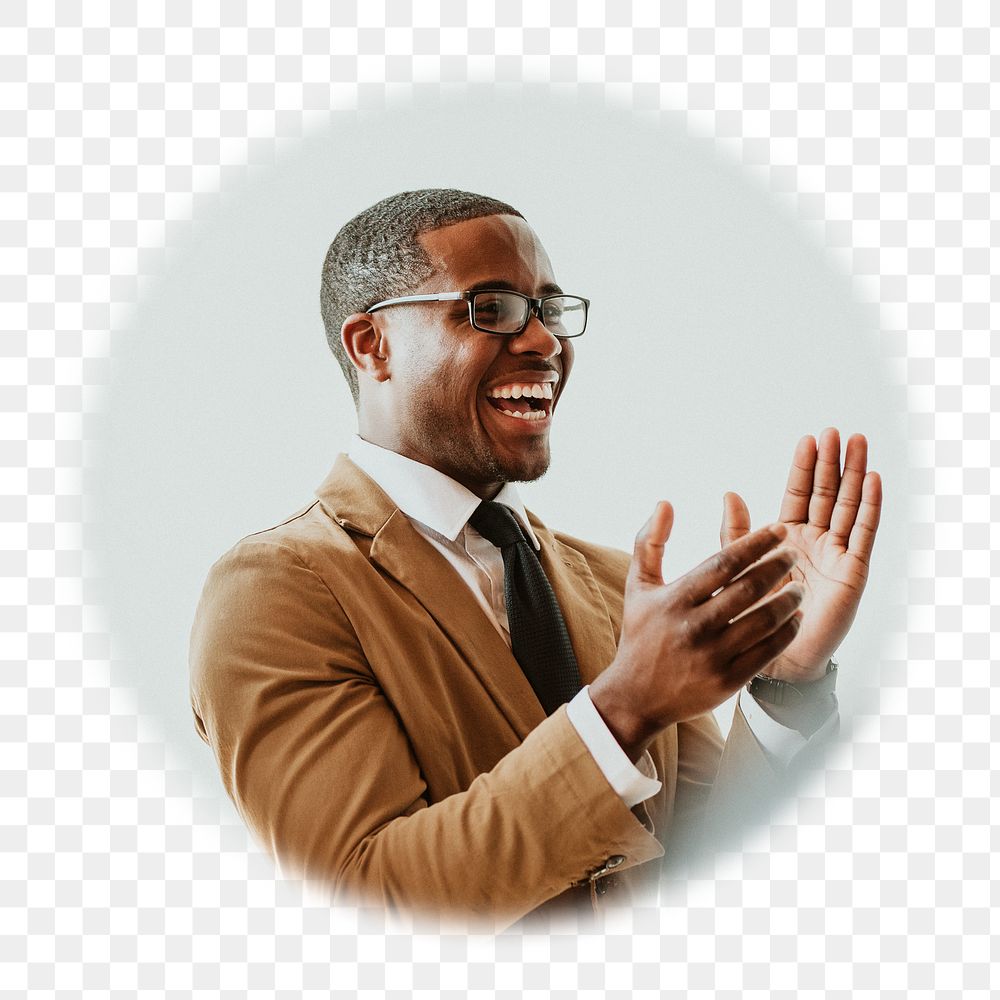 Png black businessman clapping badge sticker, success photo in  soft edge circle, transparent background