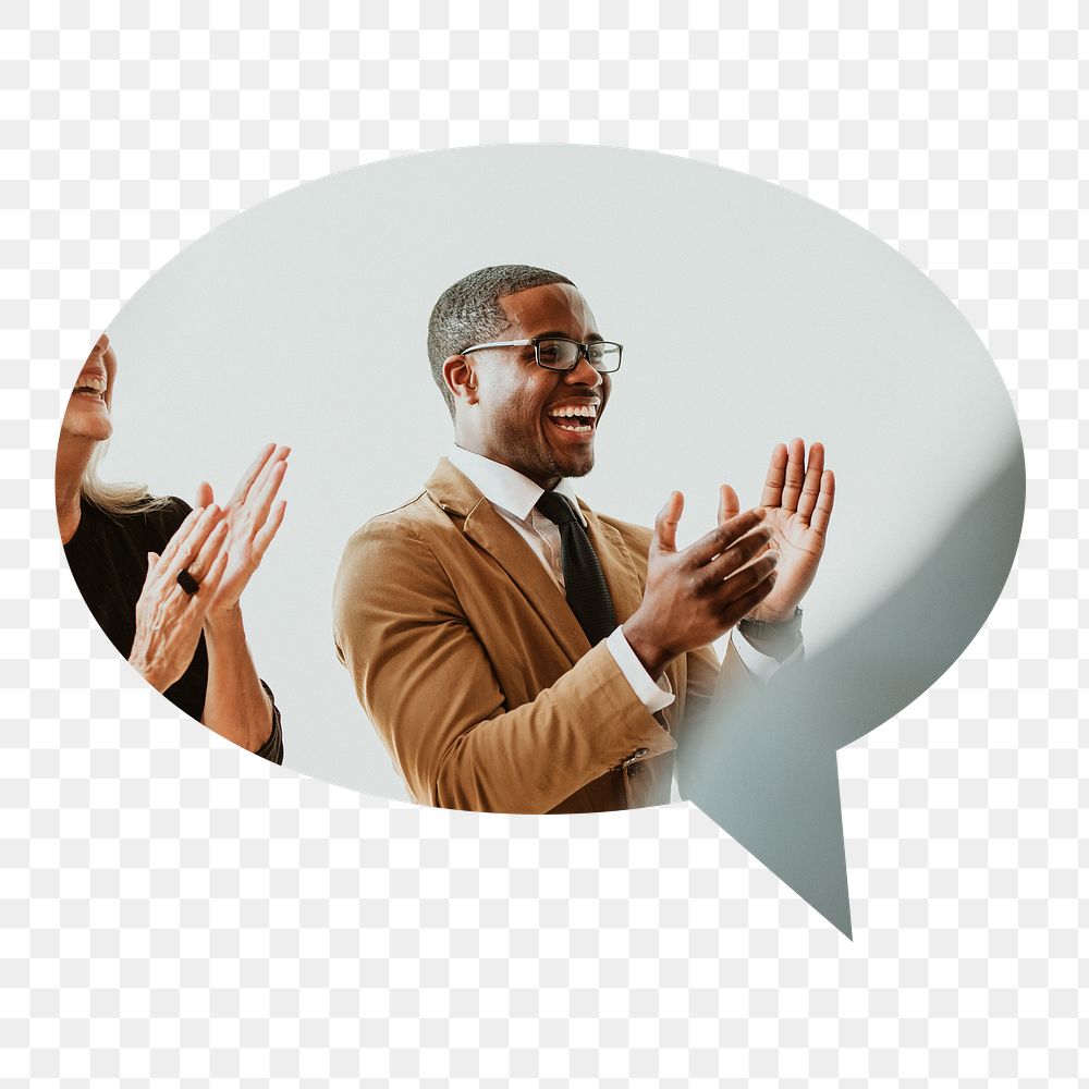 Png black businessman clapping badge sticker, success photo in speech bubble, transparent background