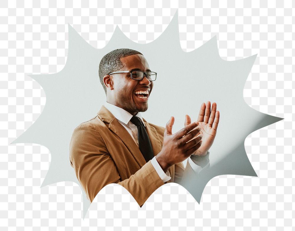 Png black businessman clapping badge sticker, success photo in bang  shape, transparent background