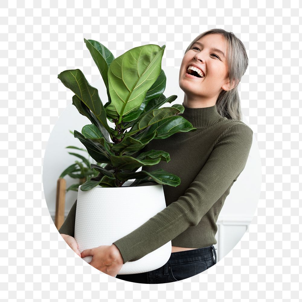 PNG plant lady holding houseplant badge sticker, transparent background