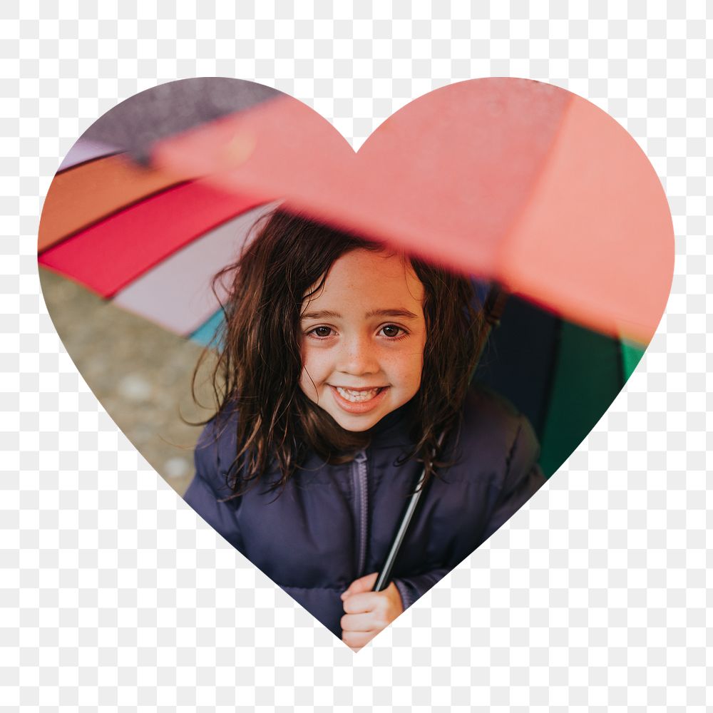 Png Little girl holding umbrella badge sticker, seasonal photo in heart shape, transparent background