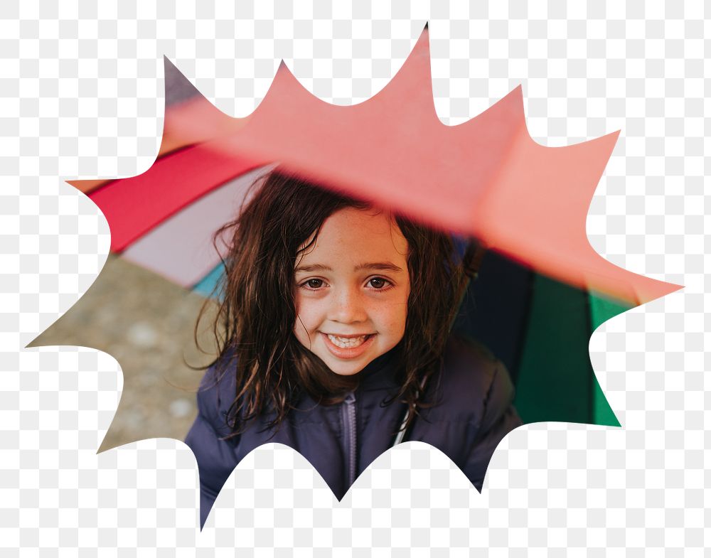 Png Little girl holding umbrella badge sticker, seasonal photo in bang  shape, transparent background