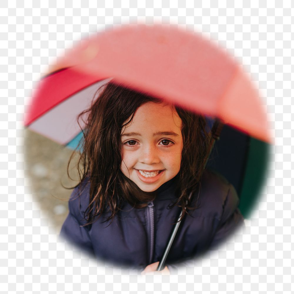 Png Little girl holding umbrella badge sticker, seasonal photo in   soft edge circle, transparent background