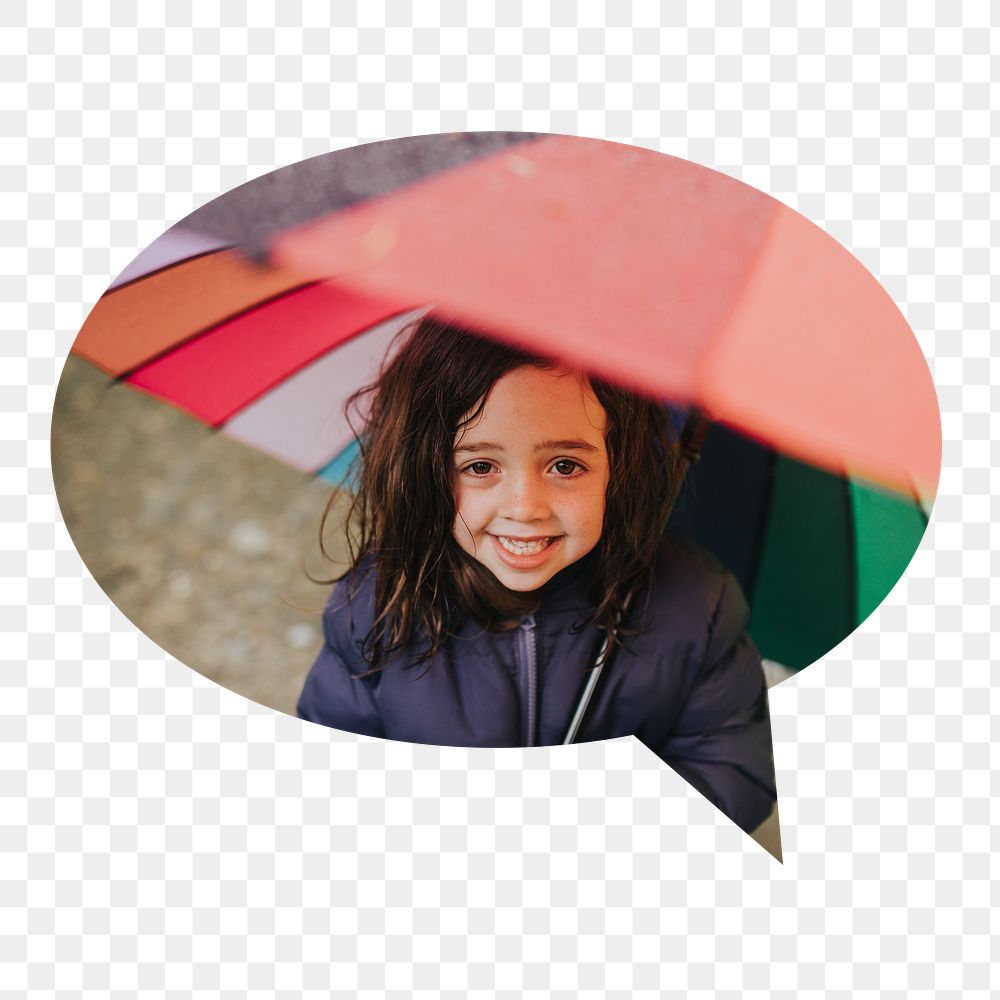 Png Little girl holding umbrella badge sticker, seasonal photo in speech bubble, transparent background