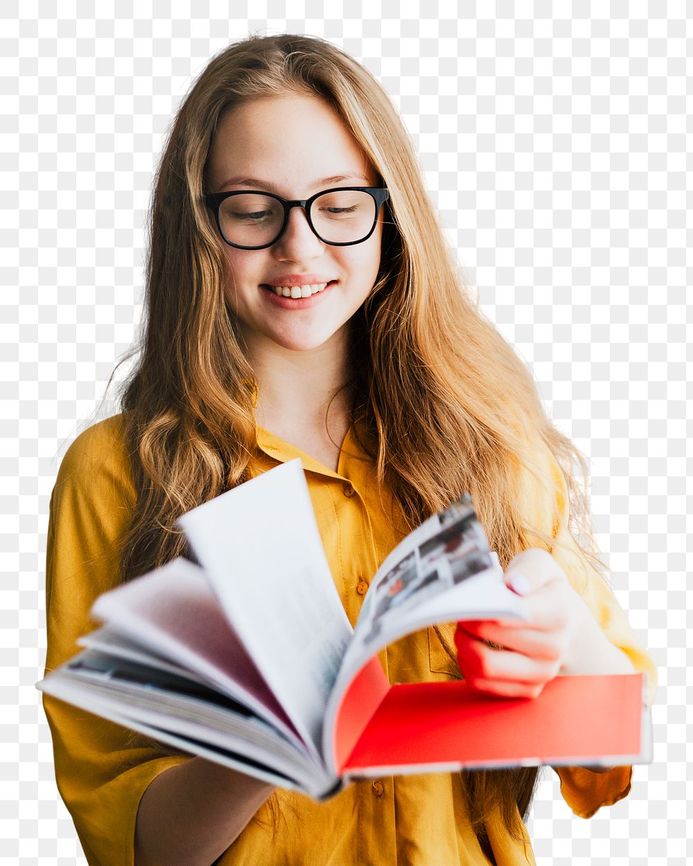 Png blonde girl reading sticker, education transparent background