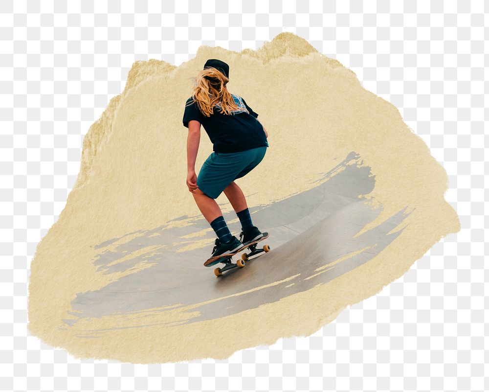 Woman skateboarding png sticker, ripped paper, transparent background