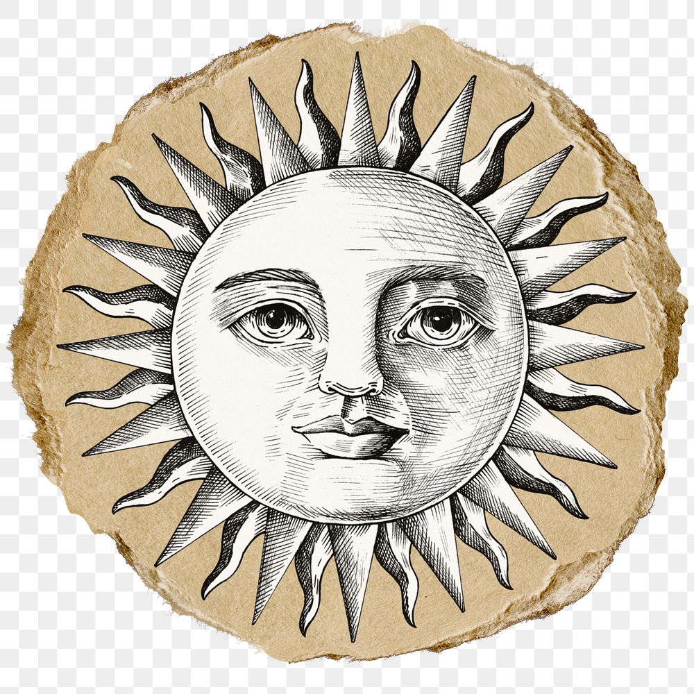 Celestial sun png sticker, ripped paper on transparent background