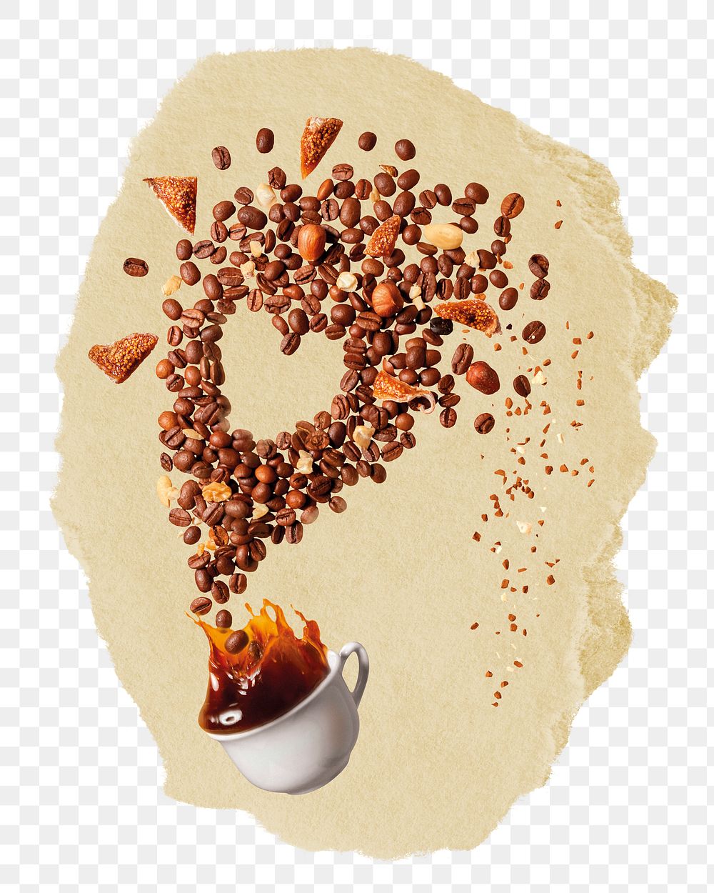 Coffee bean splash png ripped paper sticker, abstract food art, transparent background