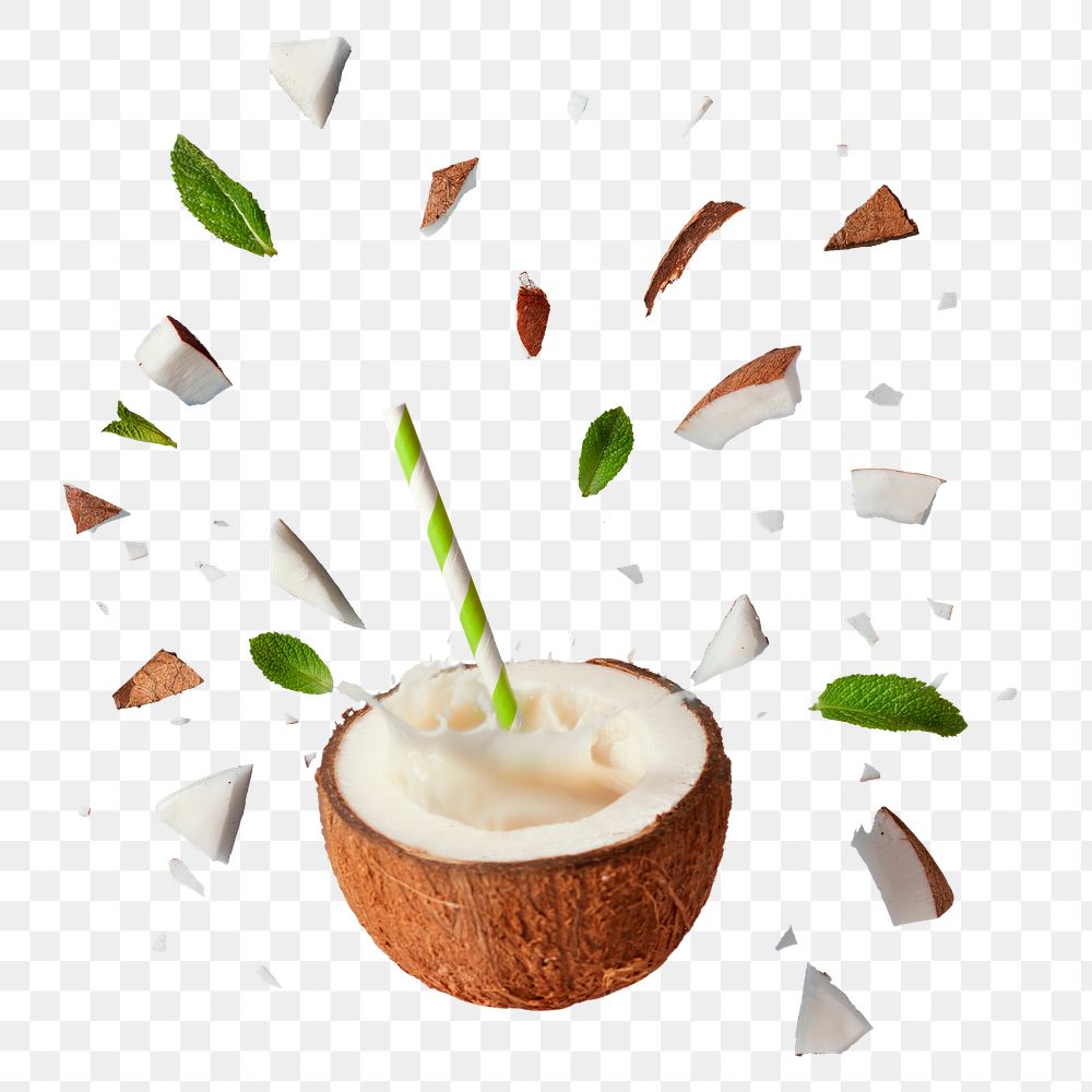 Coconut smoothie png splash sticker, healthy drinks image on transparent background