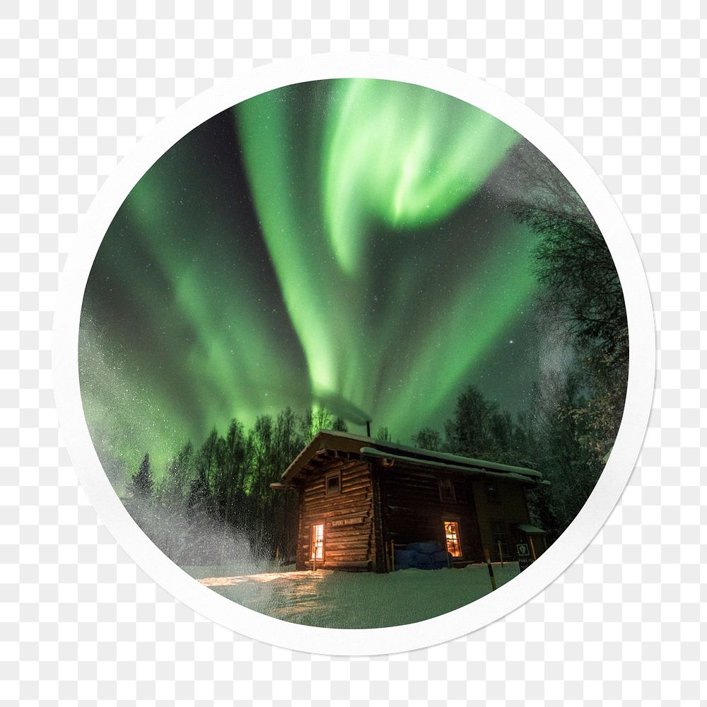 Green aurora png lights sticker, travel photo in circle frame, transparent background