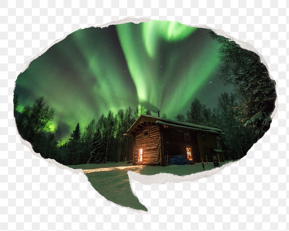 Green aurora png lights travel sticker, ripped paper speech bubble, transparent background