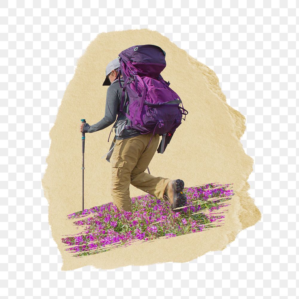 Male hiker png sticker, ripped paper, transparent background