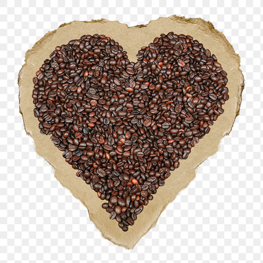 Coffee bean heart png ripped paper sticker, food art graphic, transparent background
