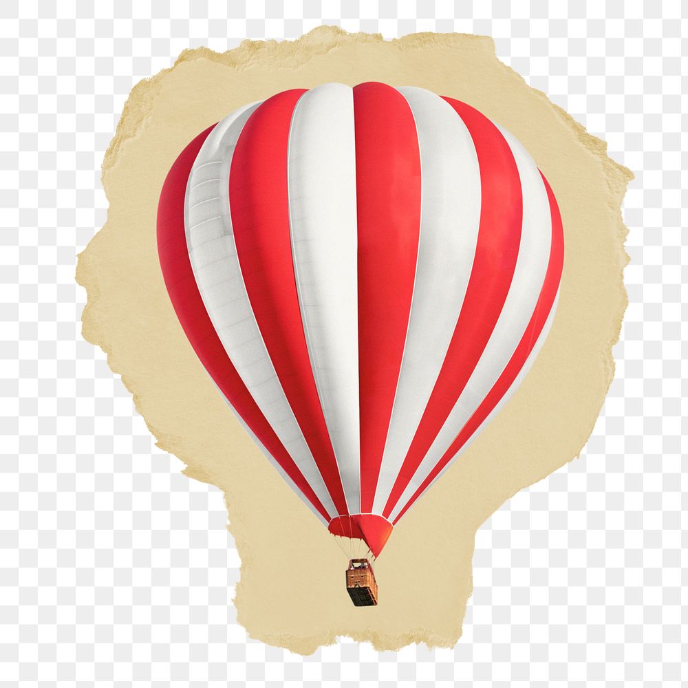 Png hot air balloon sticker, ripped paper on transparent background