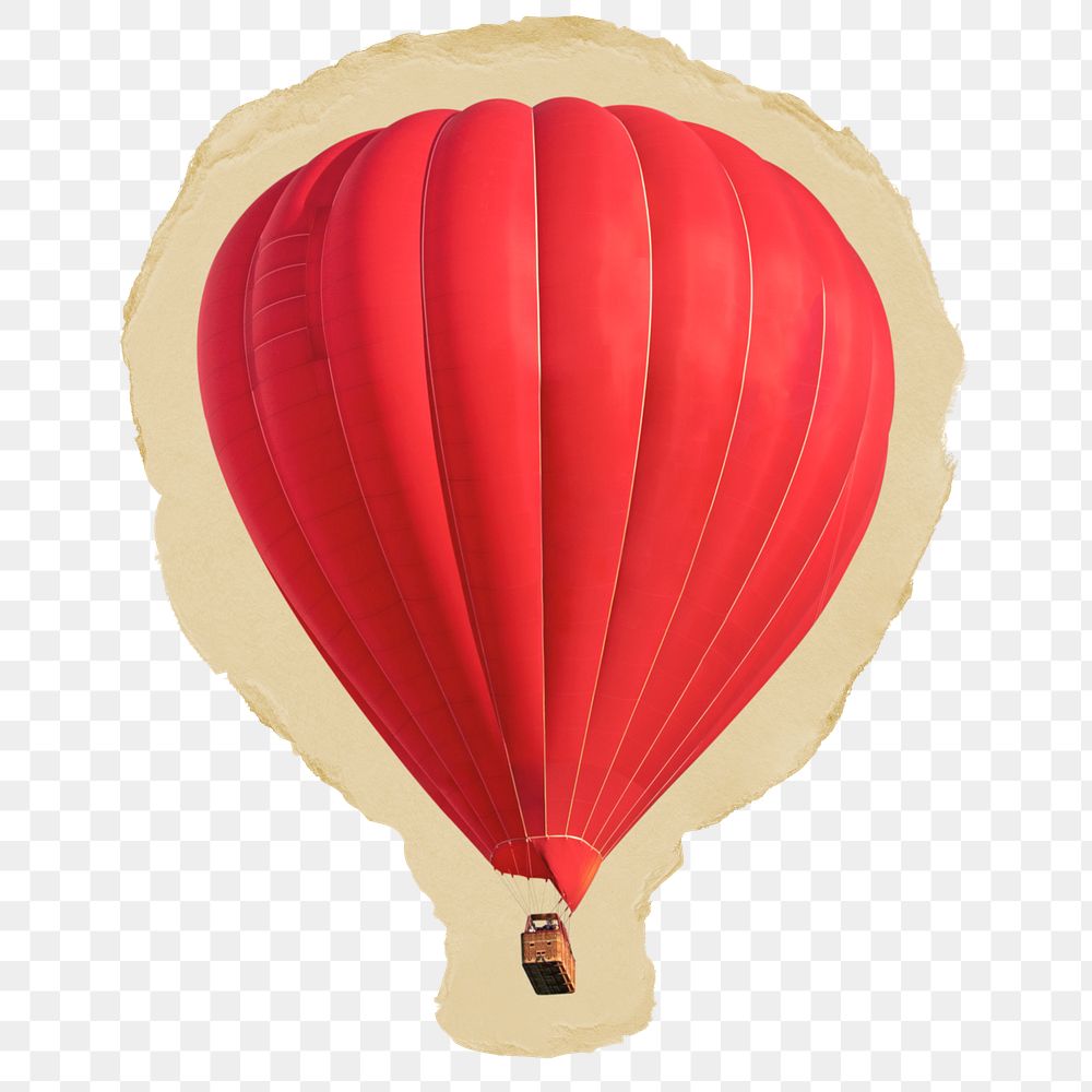 Png hot air balloon sticker, ripped paper on transparent background