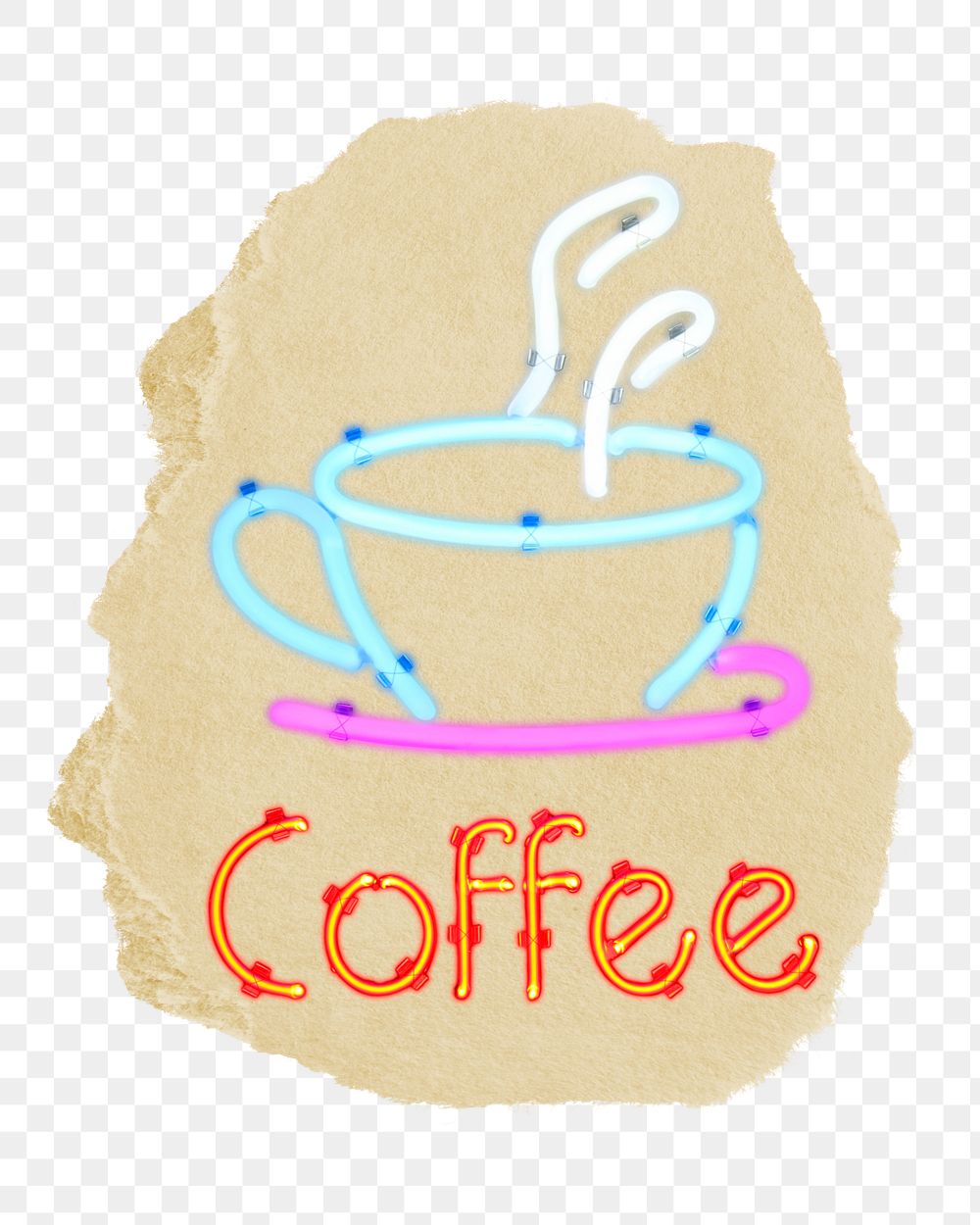 Coffee neon sign png ripped paper sticker, cafe graphic, transparent background