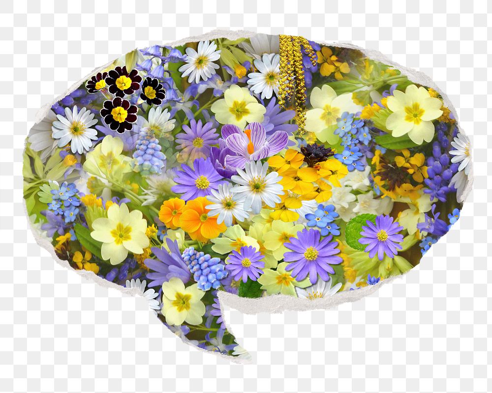 Spring flowers png sticker, ripped paper speech bubble, transparent background