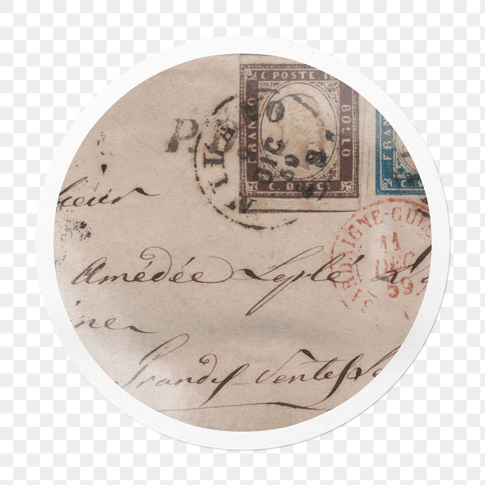 Vintage letter png sticker, stationery in circle frame, transparent background