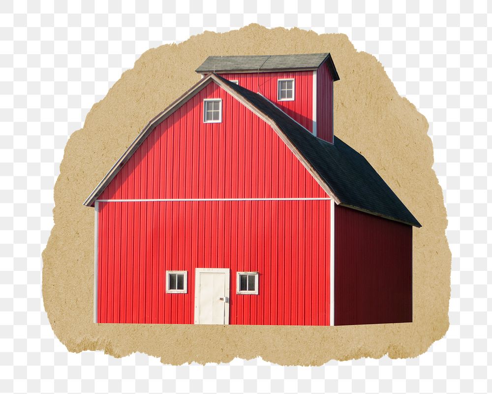 Red barn png sticker, ripped paper, transparent background