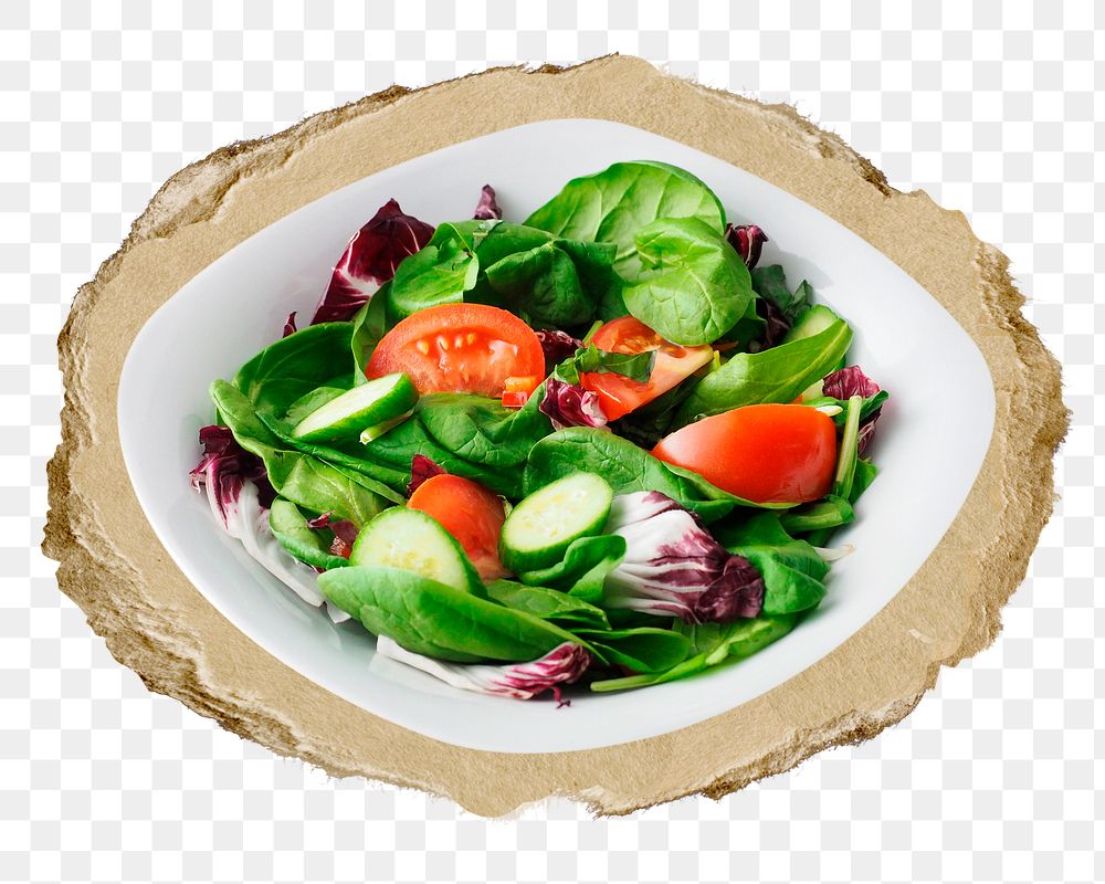 Salad plate png ripped paper sticker, healthy food graphic, transparent background